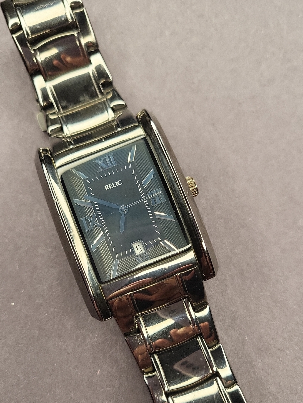 Relic Black Dial Stainless Steel Link Watch with Roman Numerals